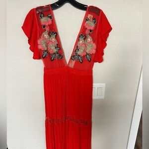 Cleobella Red Maxi Dress with Floral Embroidery